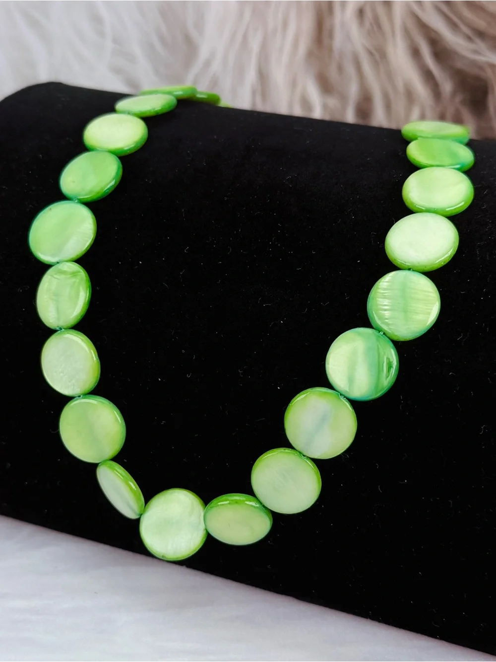 Green Iridescent Disc Bead Necklace Hidden Barrel Clasp Statement Jewelry